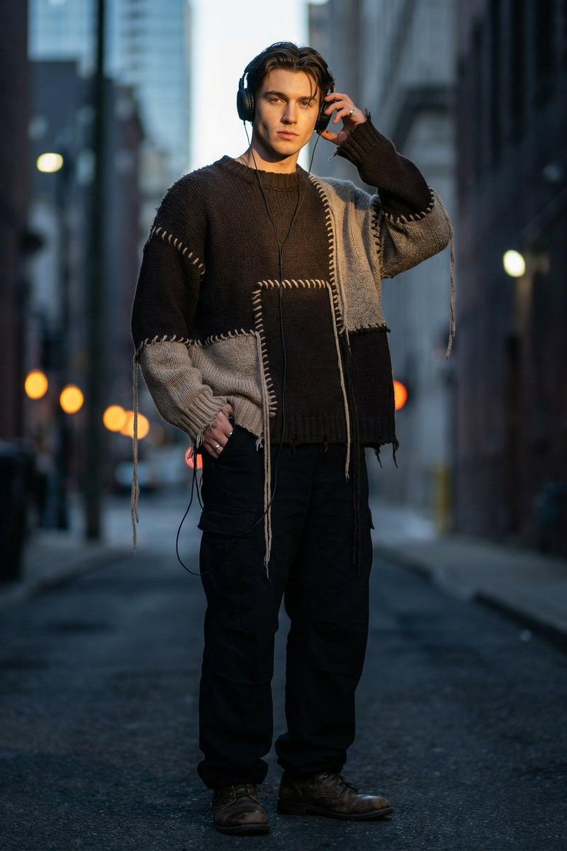 暗调街头少年戴耳机的前卫穿搭写真
