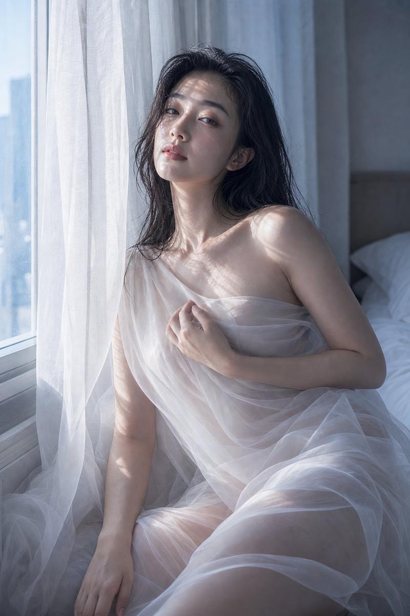 晨光薄纱清冷高级写实人像