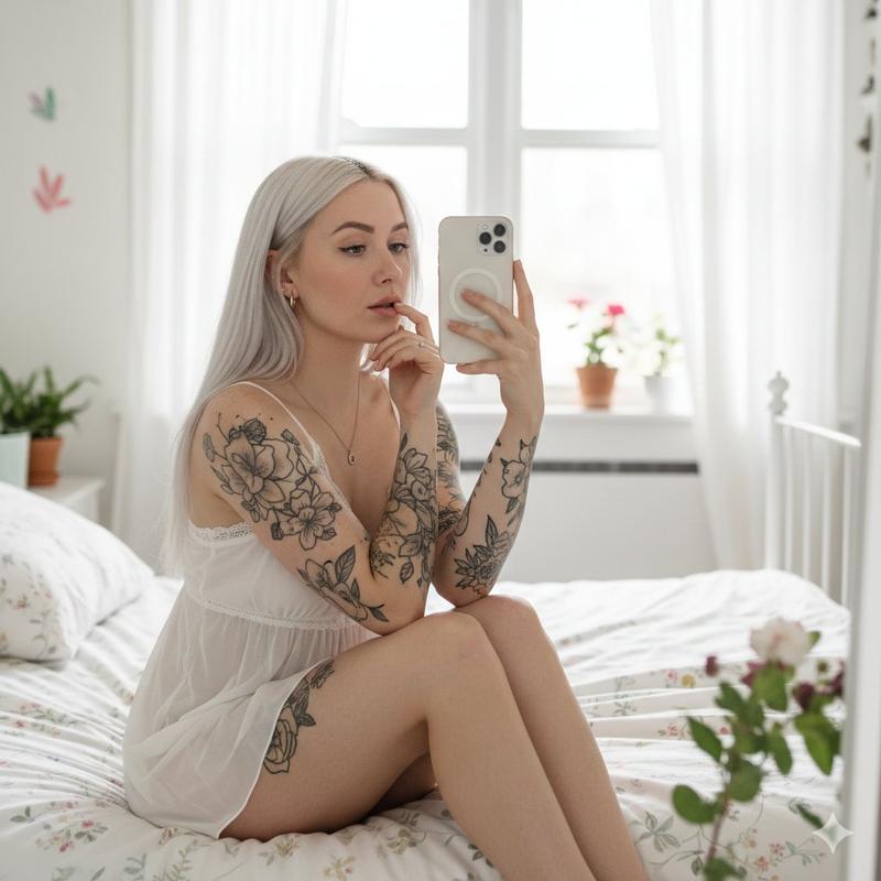 晨光微曦中的慵懒白金发镜前少女