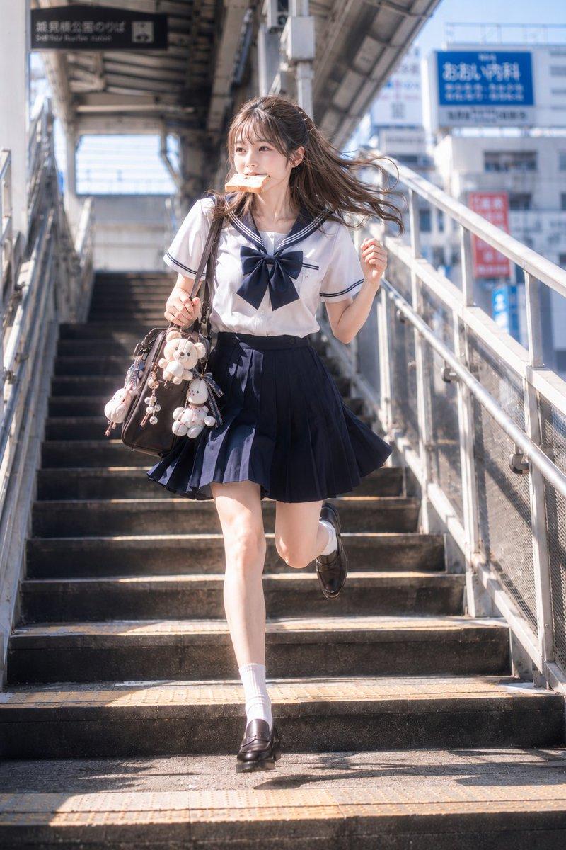 日系清晨衔着吐司在楼梯奔跑的少女