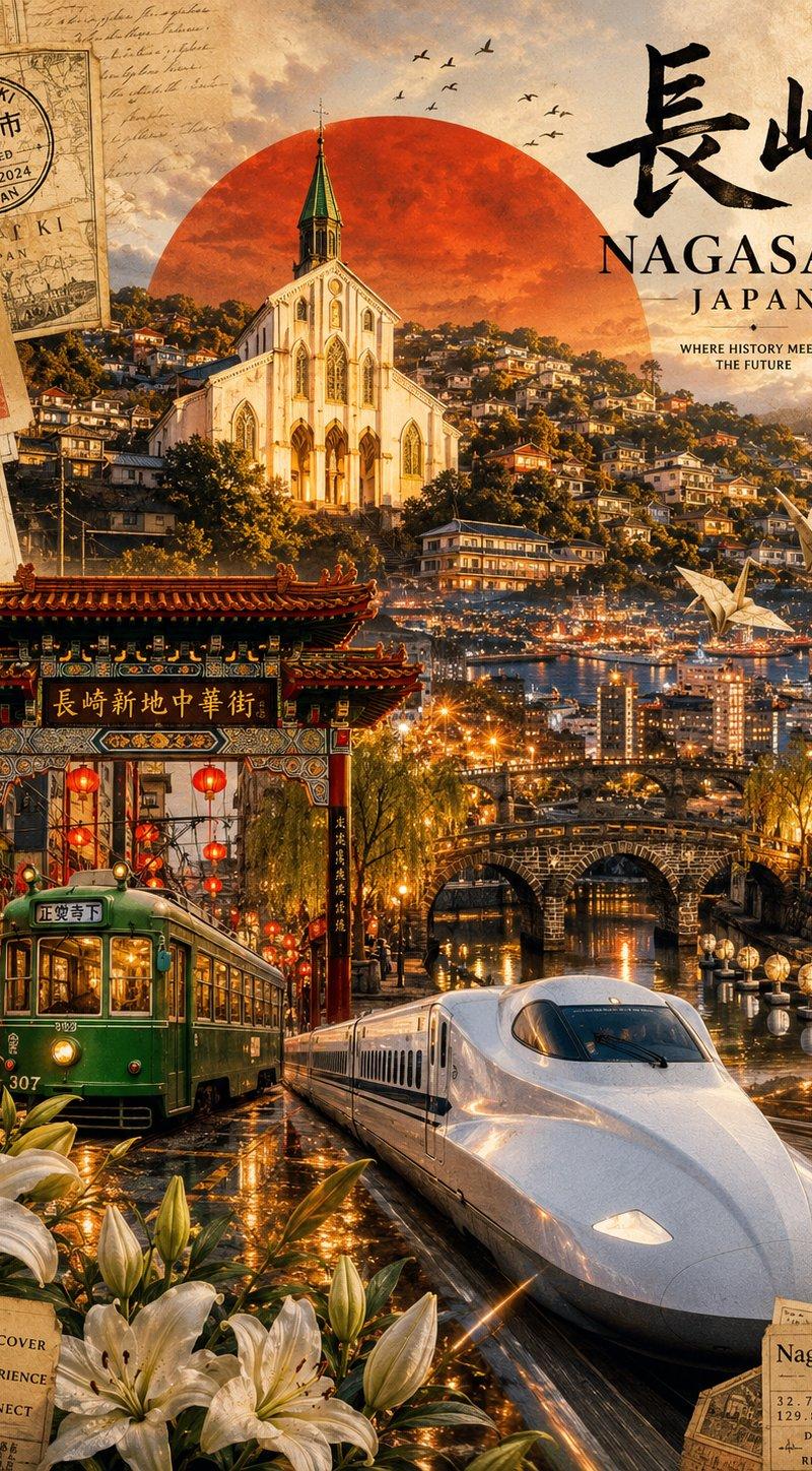 长崎日本复古现代电影感旅行海报