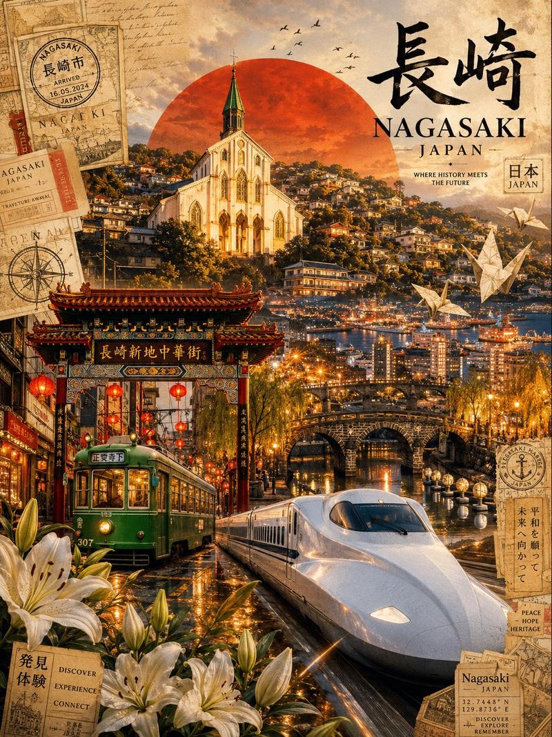 长崎日本复古现代电影感旅行海报