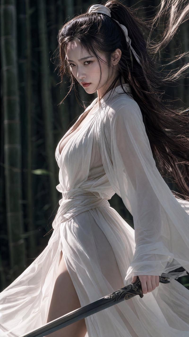 竹林白衣持剑古风女侠写实电影感写真