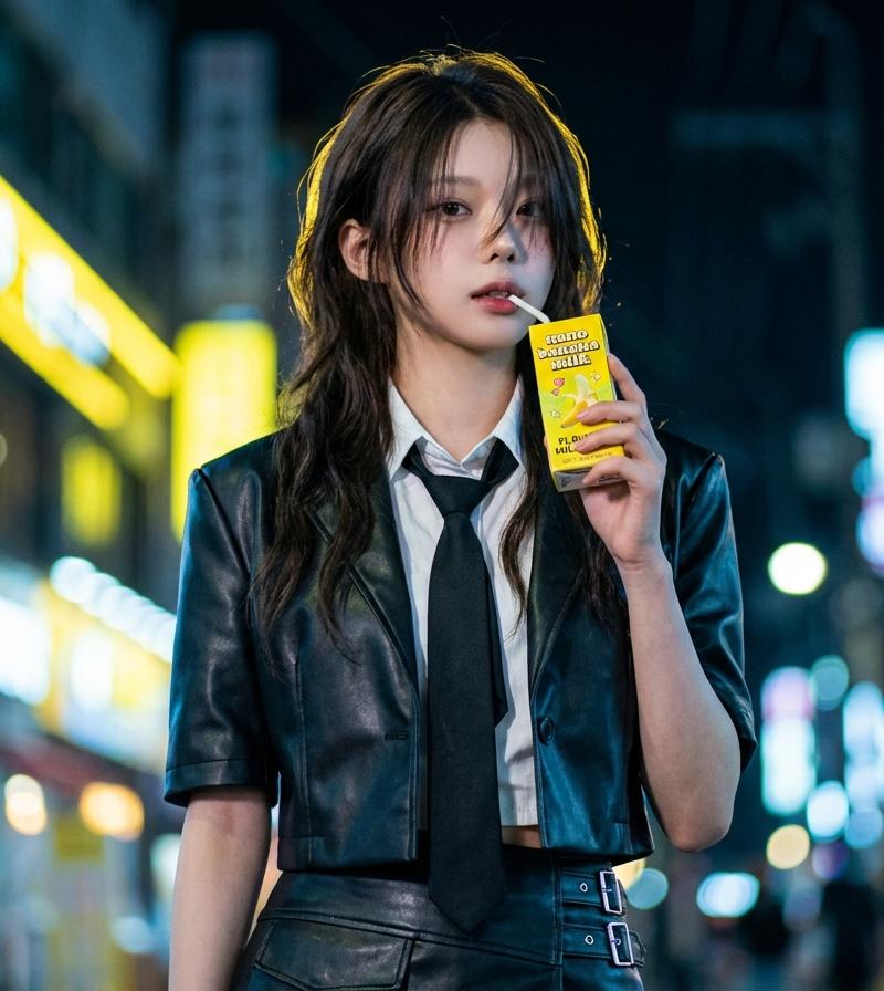霓虹都市中喝香蕉奶的酷飒Z世代女孩