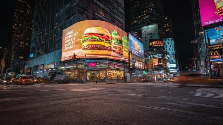 霓虹闪烁雨夜中的巨型美食广告牌