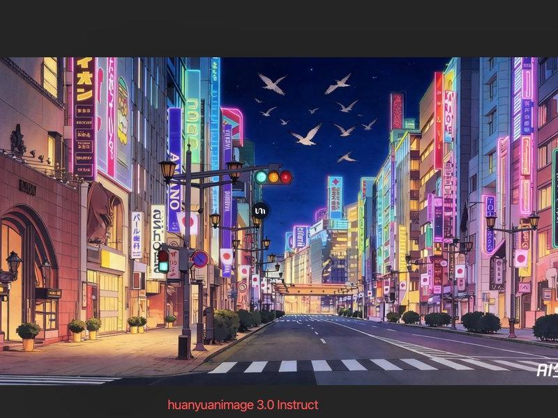 霓虹光影交织的都市夜景与飞鸟群