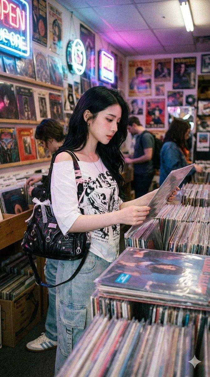 霓虹光影下的复古唱片店淘碟少女