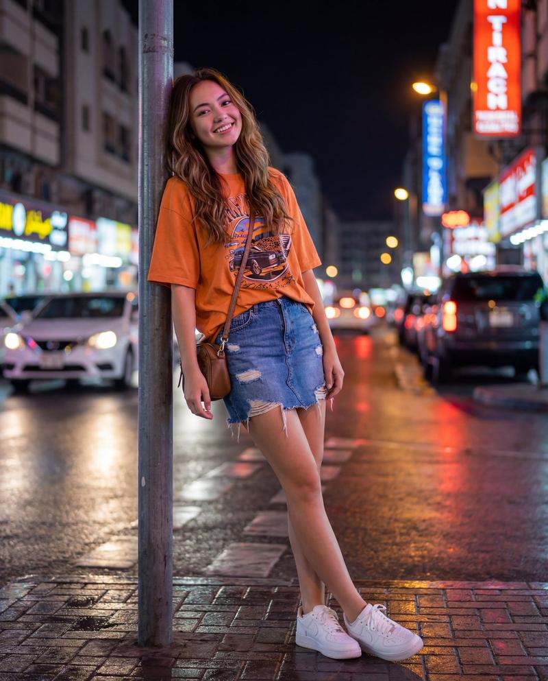 霓虹夜色下的都市少女与唯美光斑