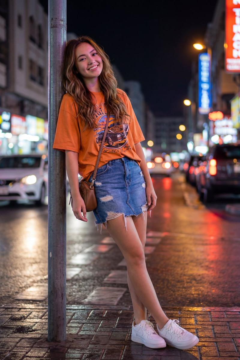 霓虹夜色下的都市少女与唯美光斑