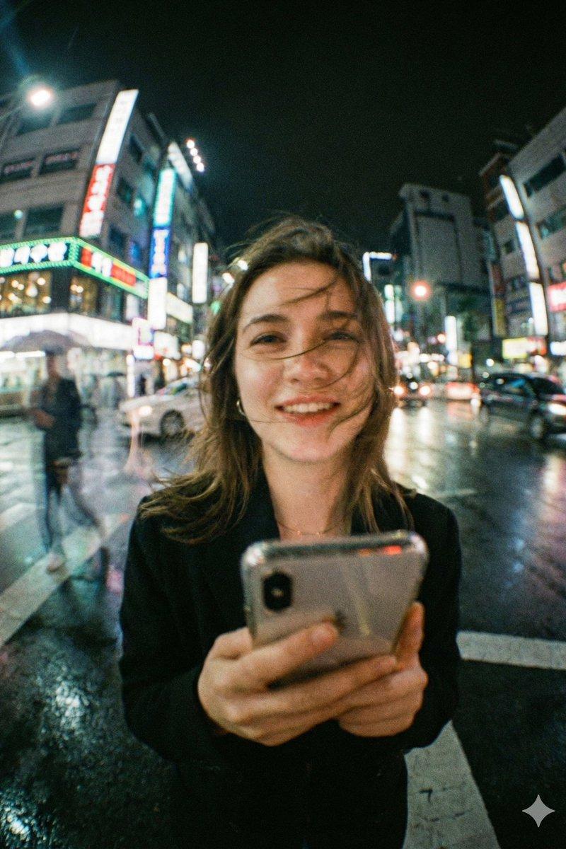 霓虹雨夜广角下的都市少女特写