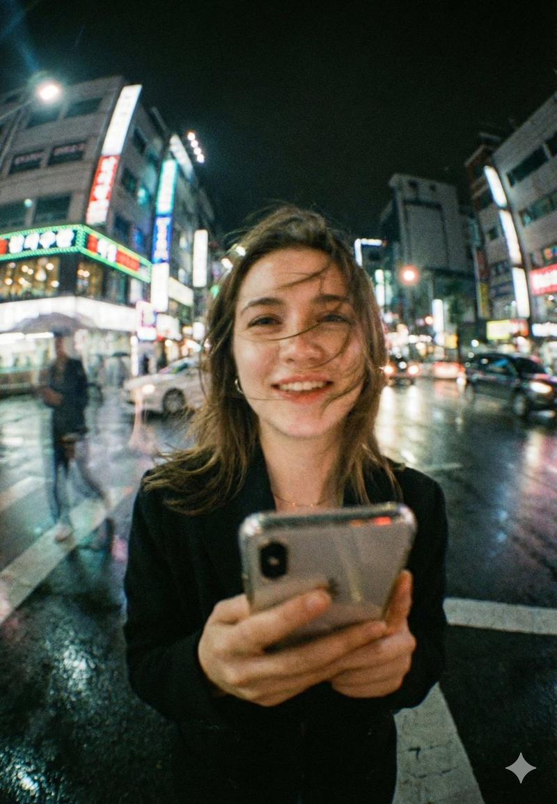 霓虹雨夜广角下的都市少女特写