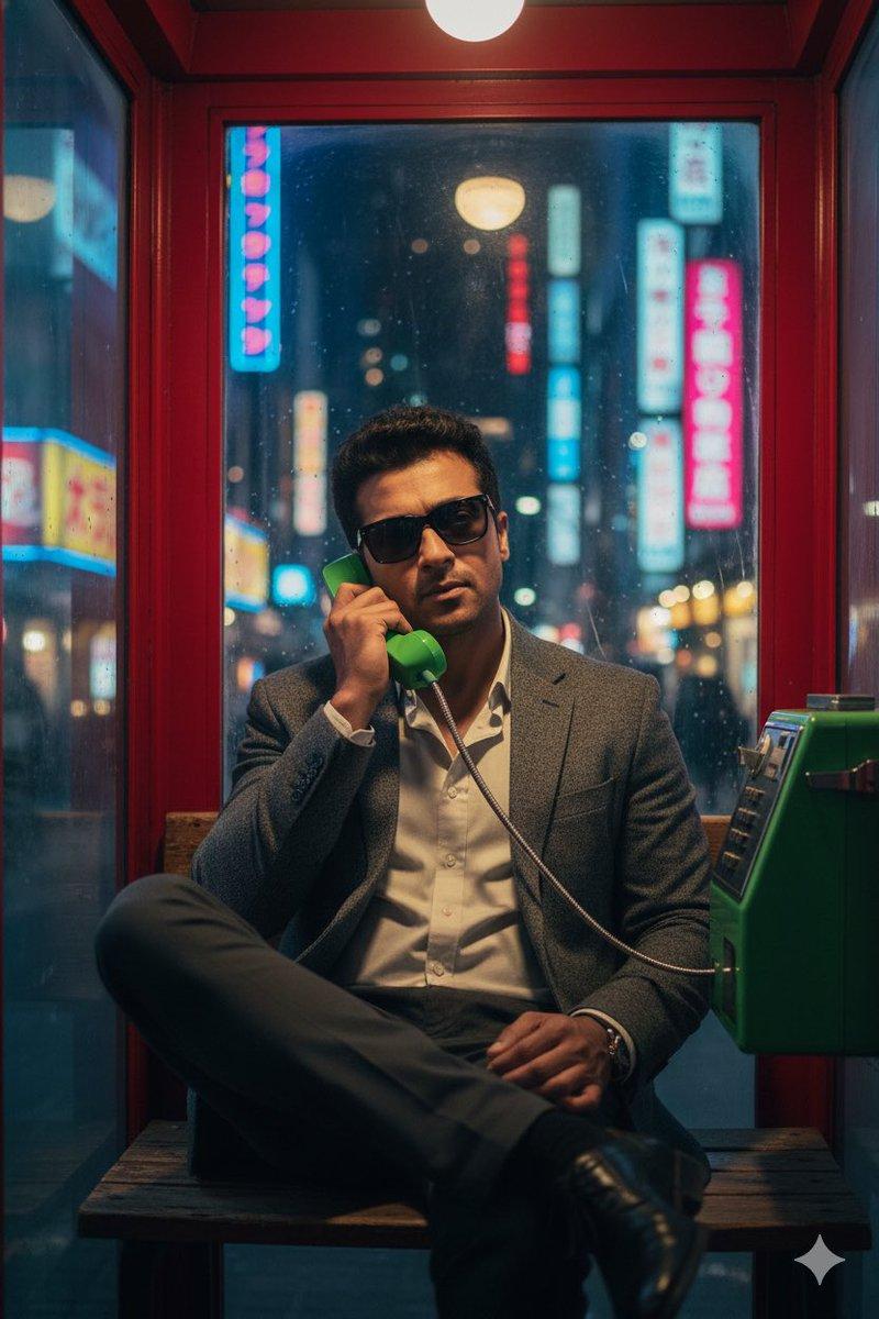 霓虹夜色下的复古电话亭男影