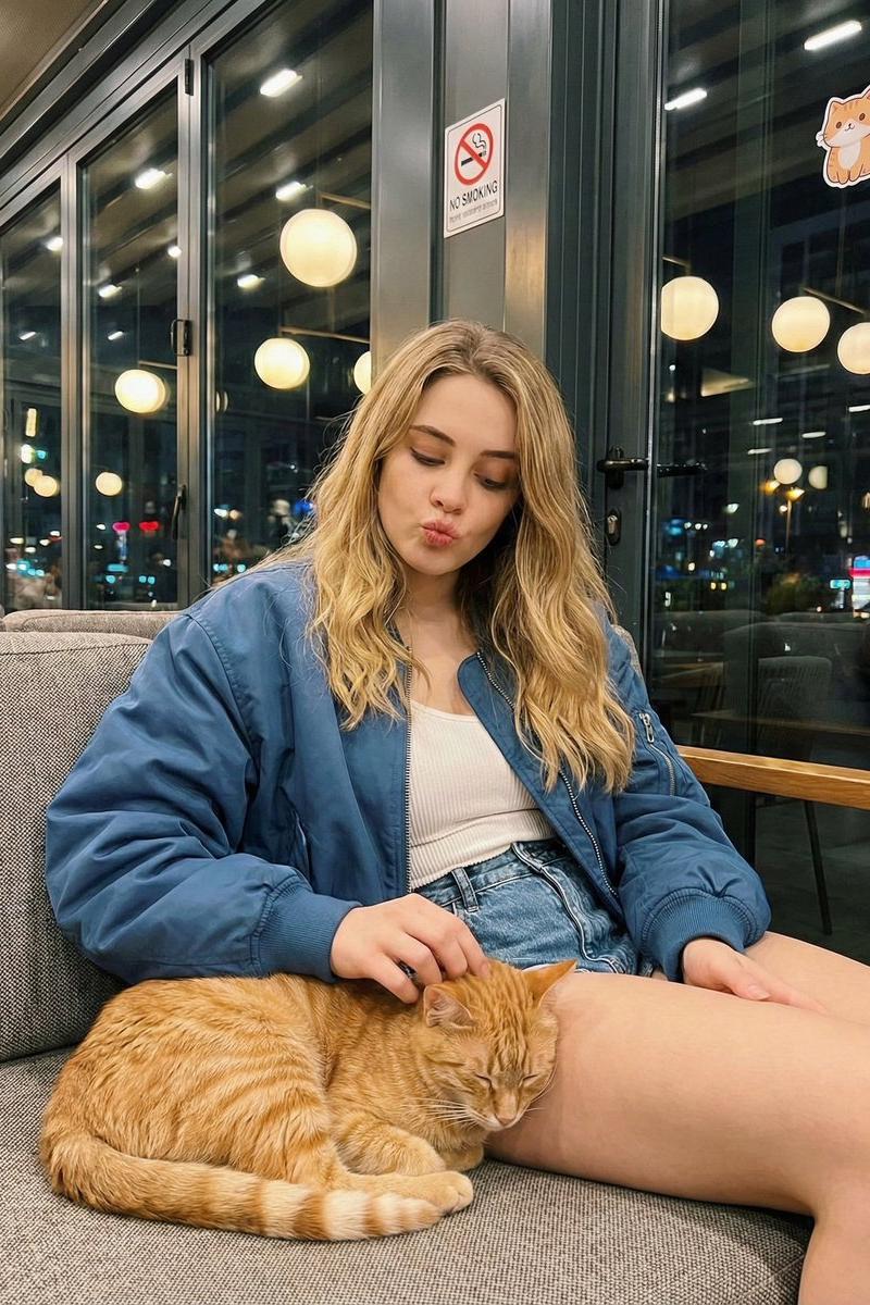 夜色咖啡馆中轻抚橘猫的金发少女