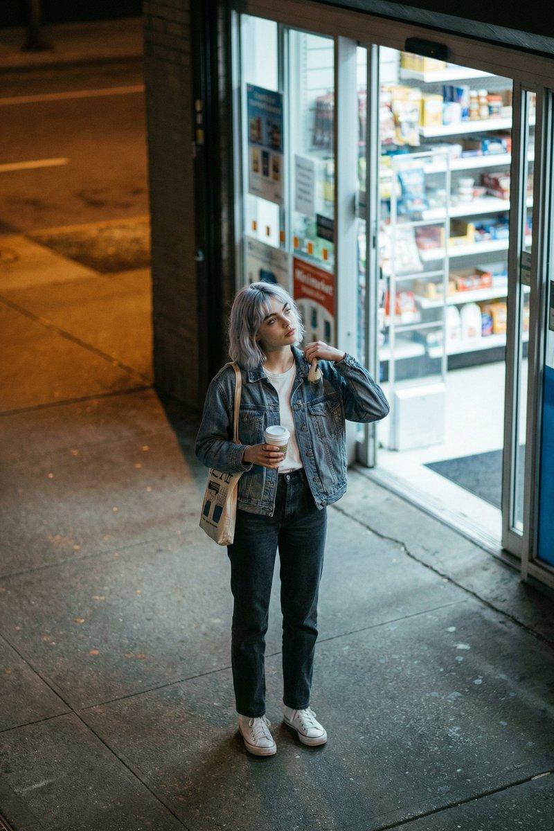 俯拍夜景便利店随性少女街拍