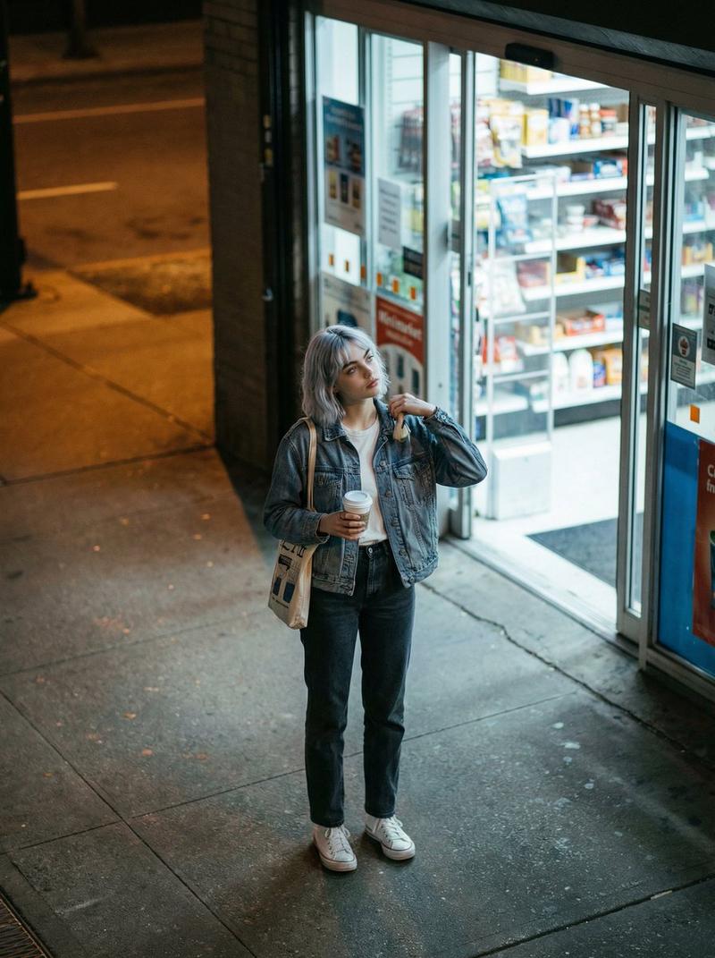 俯拍夜景便利店随性少女街拍