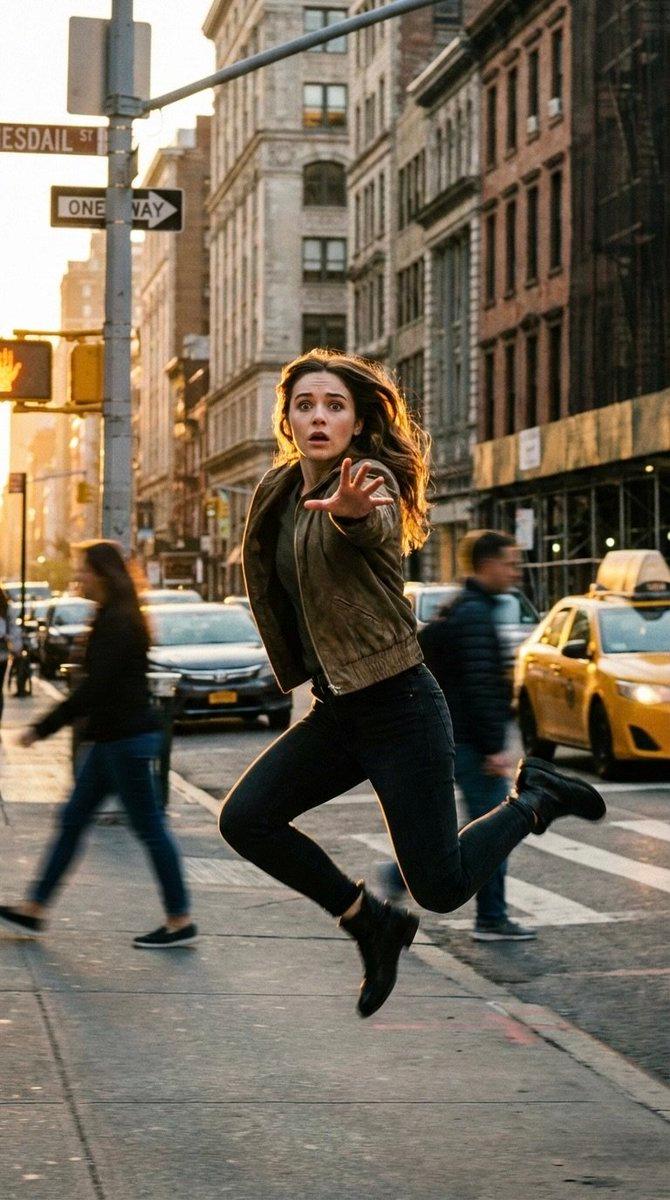 纽约街头凌空跳跃的惊愕少女