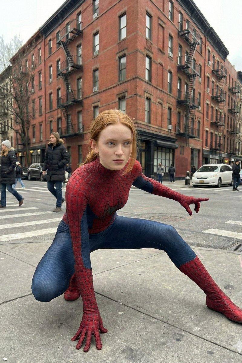 纽约街头喝咖啡的红发蜘蛛侠女孩