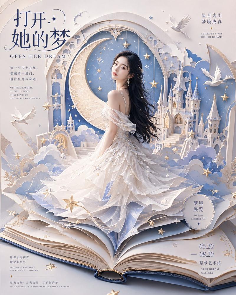 梦幻星月纸雕立体书人物艺术海报