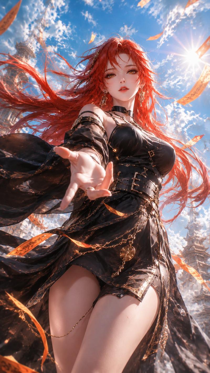 东方幻想冷艳红发女性3D角色海报