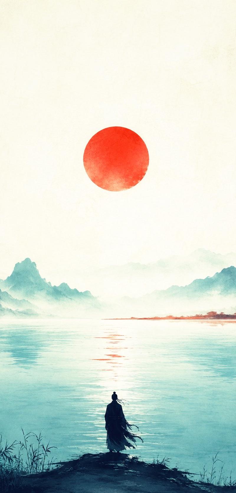 东方禅意极简高对比孔雀蓝朱红海报
