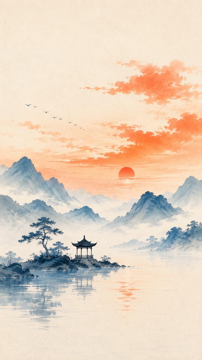 东方禅意极简山水小亭插画