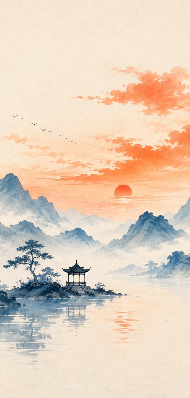 东方禅意极简山水小亭插画