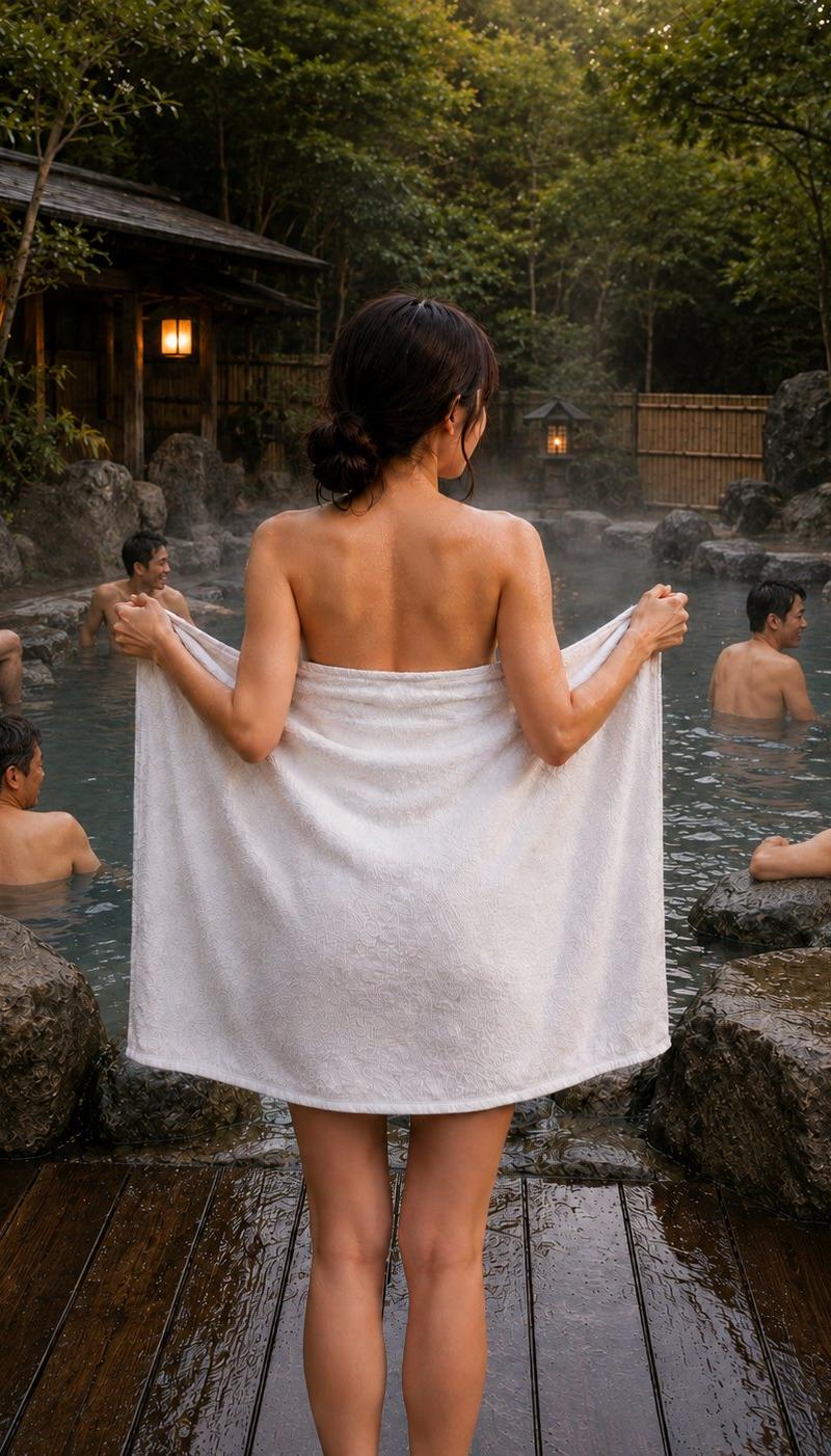 露天温泉裹浴巾女性背影