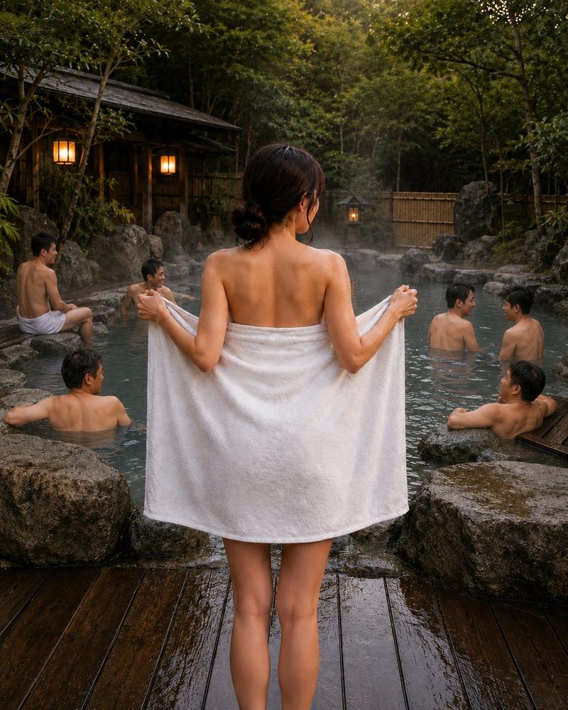 露天温泉裹浴巾女性背影