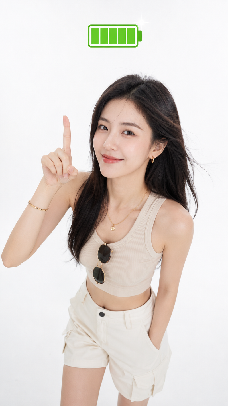 俯拍夏装美女满电状态穿搭