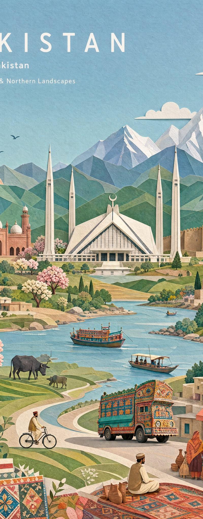 柔和粉彩纸拼贴风格巴基斯坦风景插画