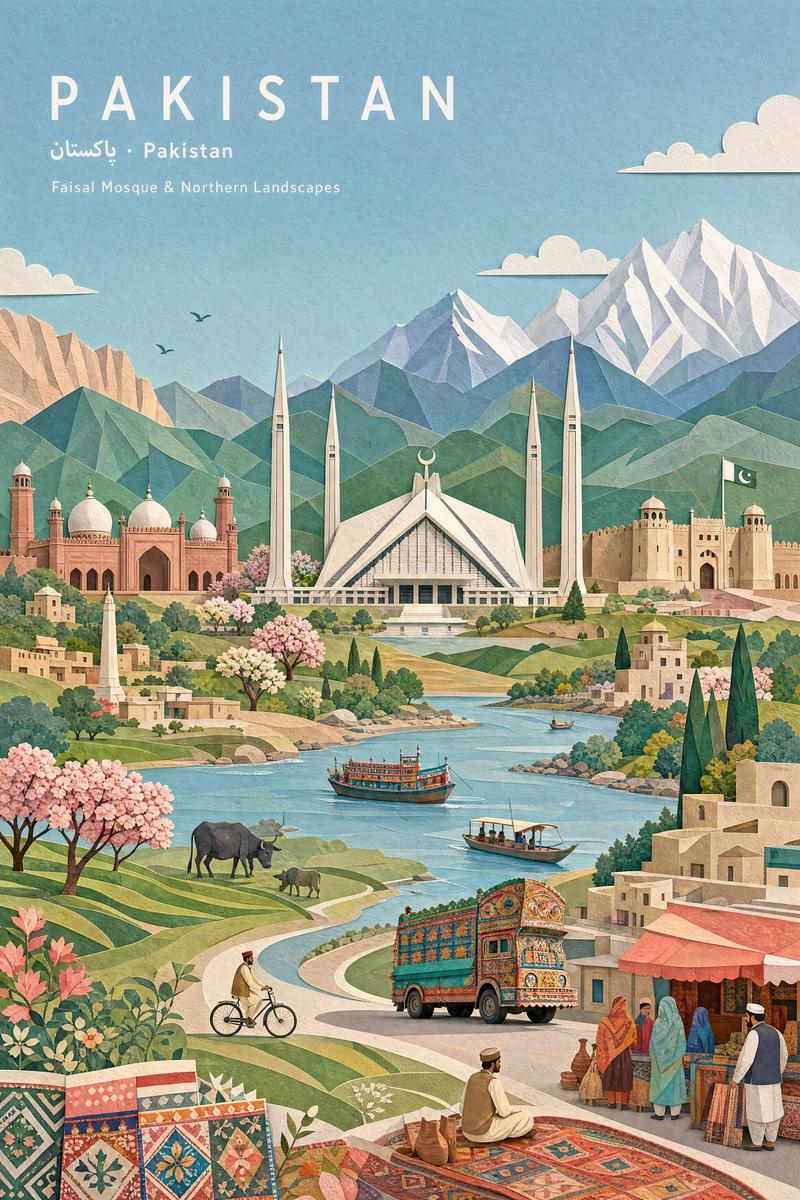 柔和粉彩纸拼贴风格巴基斯坦风景插画