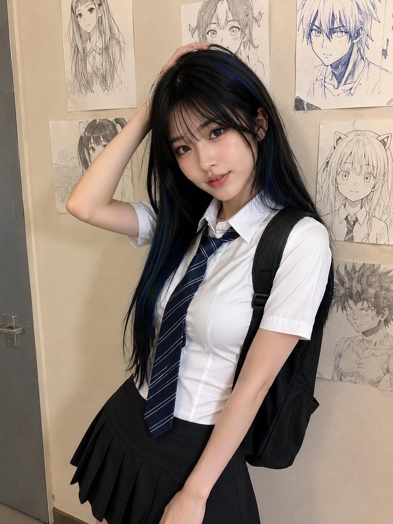 写实风格蓝黑发少女室内手机抓拍