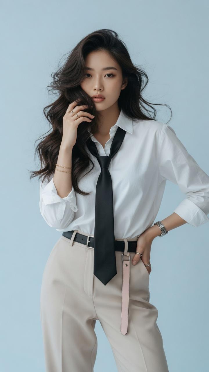 东亚女性时尚杂志风格写实肖像