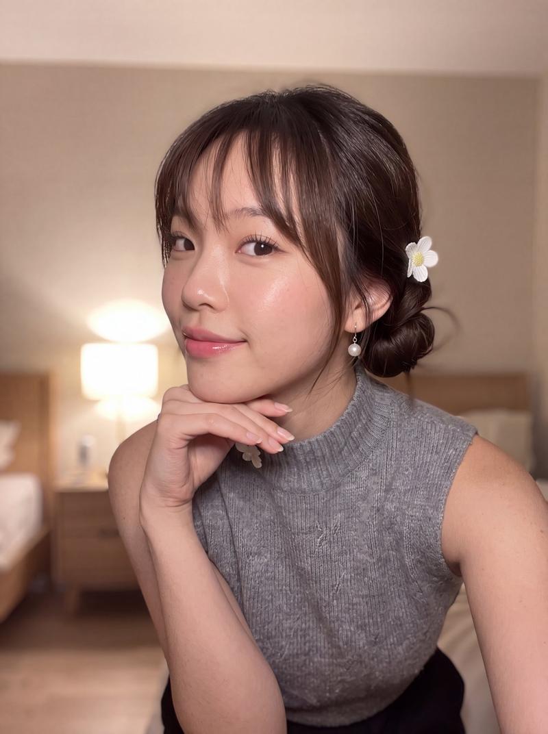 室内温馨灯光下的东亚女性手机自拍