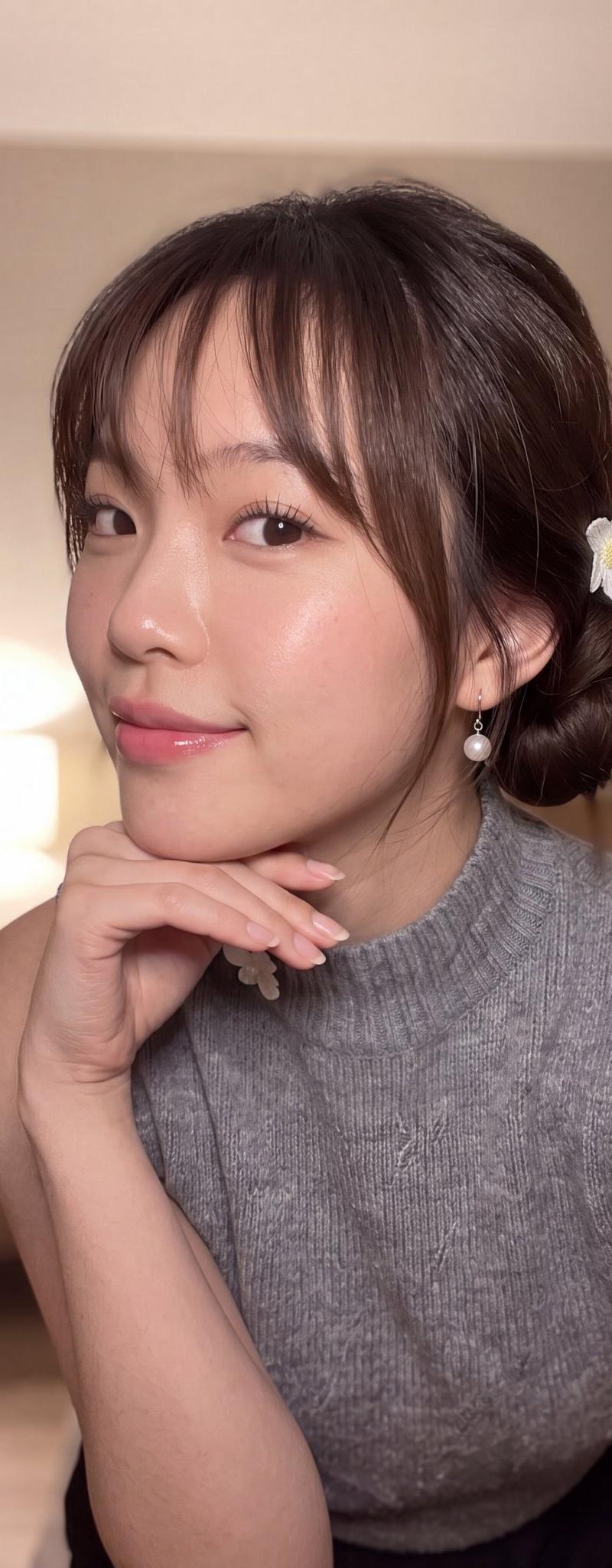 室内温馨灯光下的东亚女性手机自拍