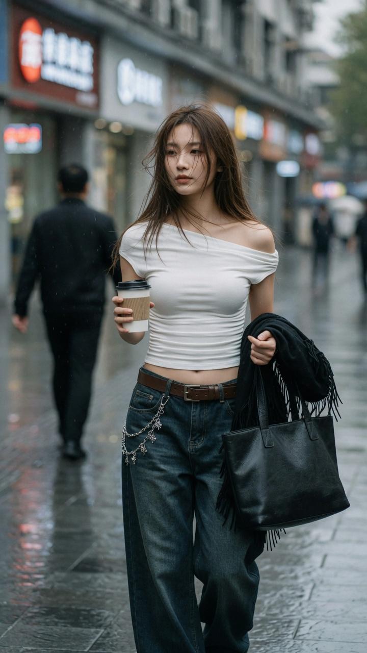 雨后城市街头漫步的时尚东亚女性人像