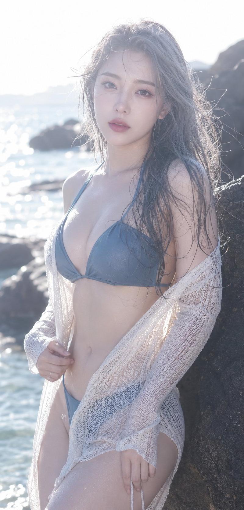 唯美海边岩石比基尼女性时尚人像