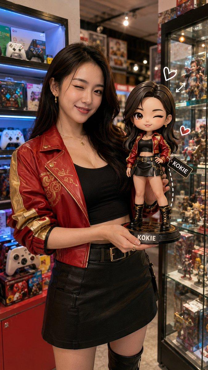 玩具店中与其镜像玩偶合影的东亚女性