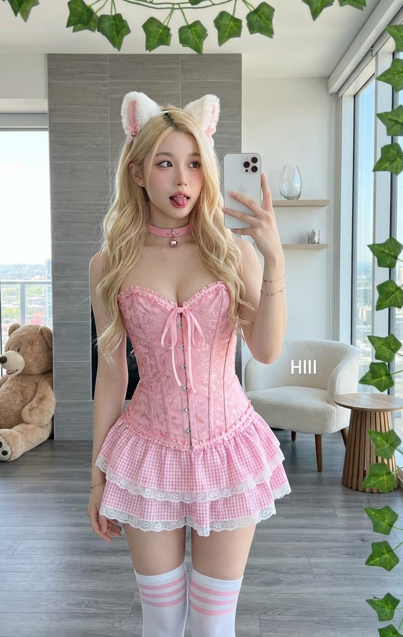 粉系猫耳少女对镜自拍