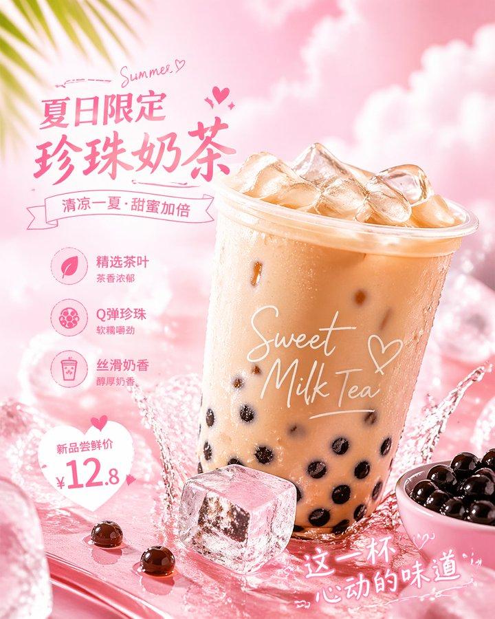 粉色少女风珍珠奶茶特写广告