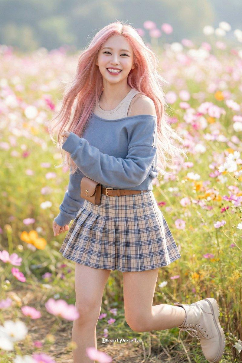 春日花海中奔跑的粉发甜美少女