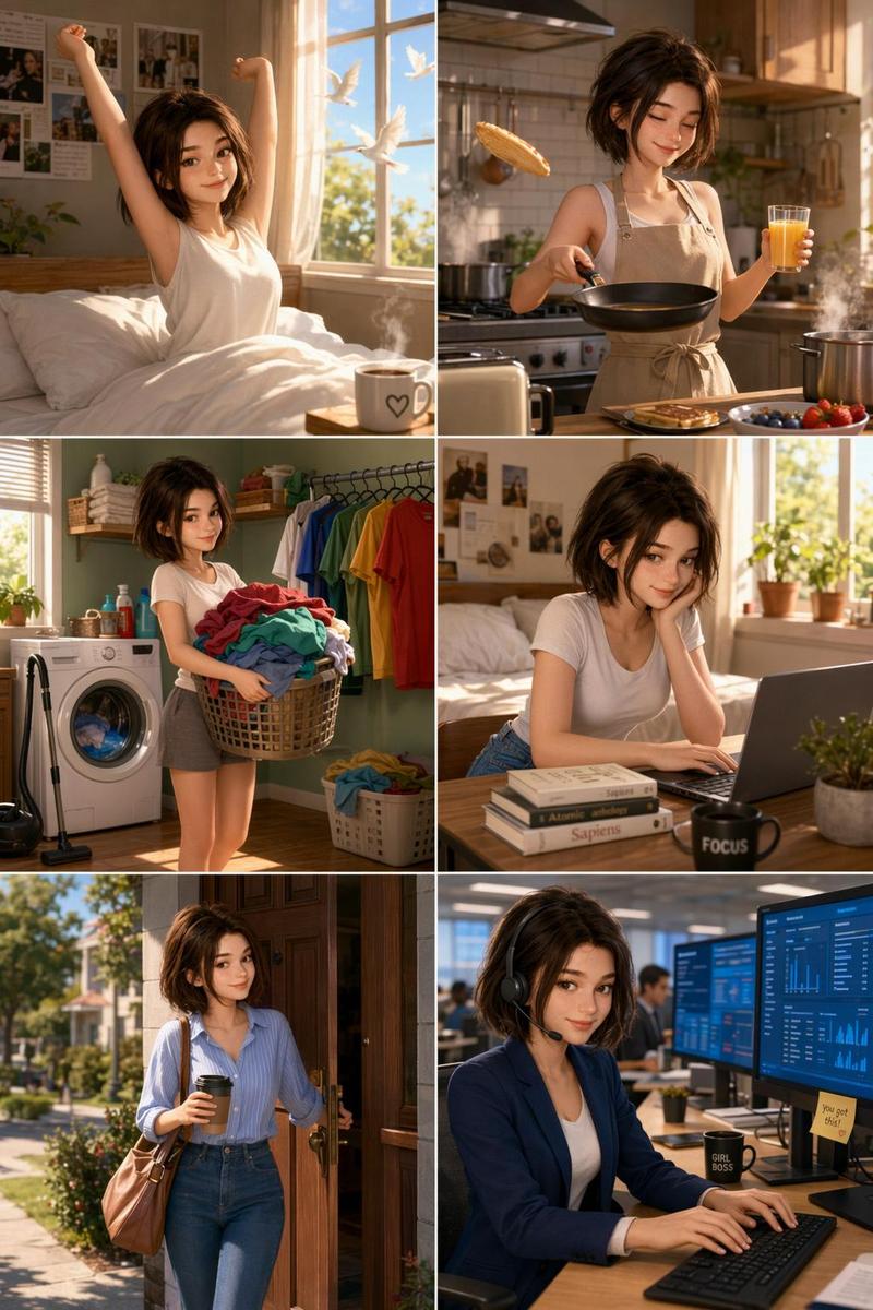3D动画皮克斯风格女性日常生活六格拼贴