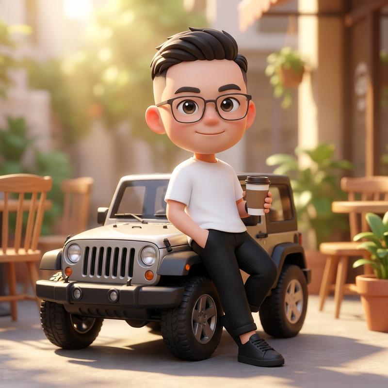 皮克斯风3D超萌Q版少年倚靠吉普车喝咖啡