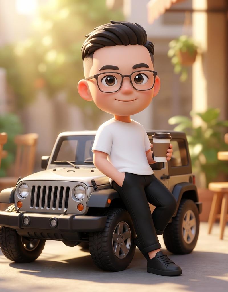 皮克斯风3D超萌Q版少年倚靠吉普车喝咖啡