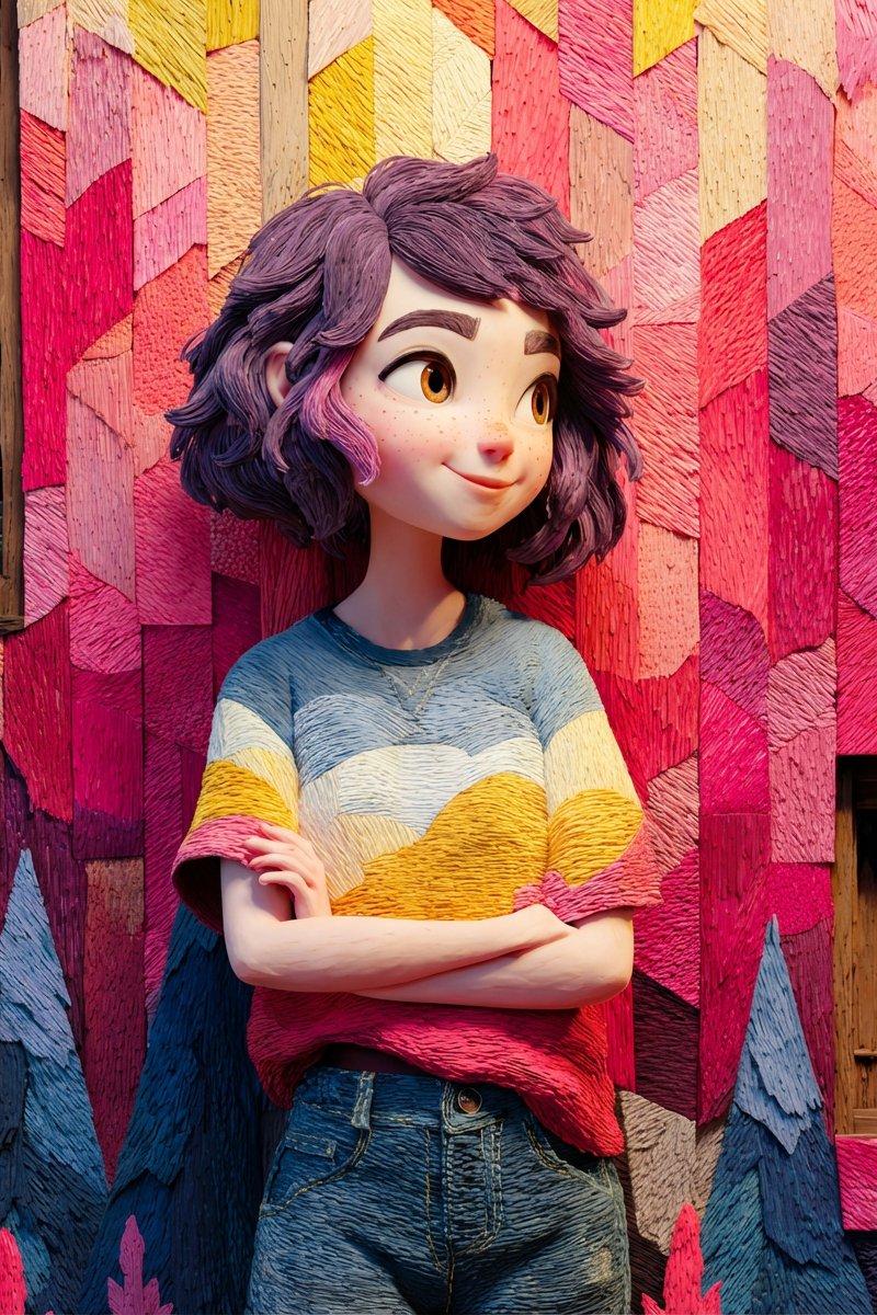 皮克斯风格色彩斑斓木墙前的治愈少女
