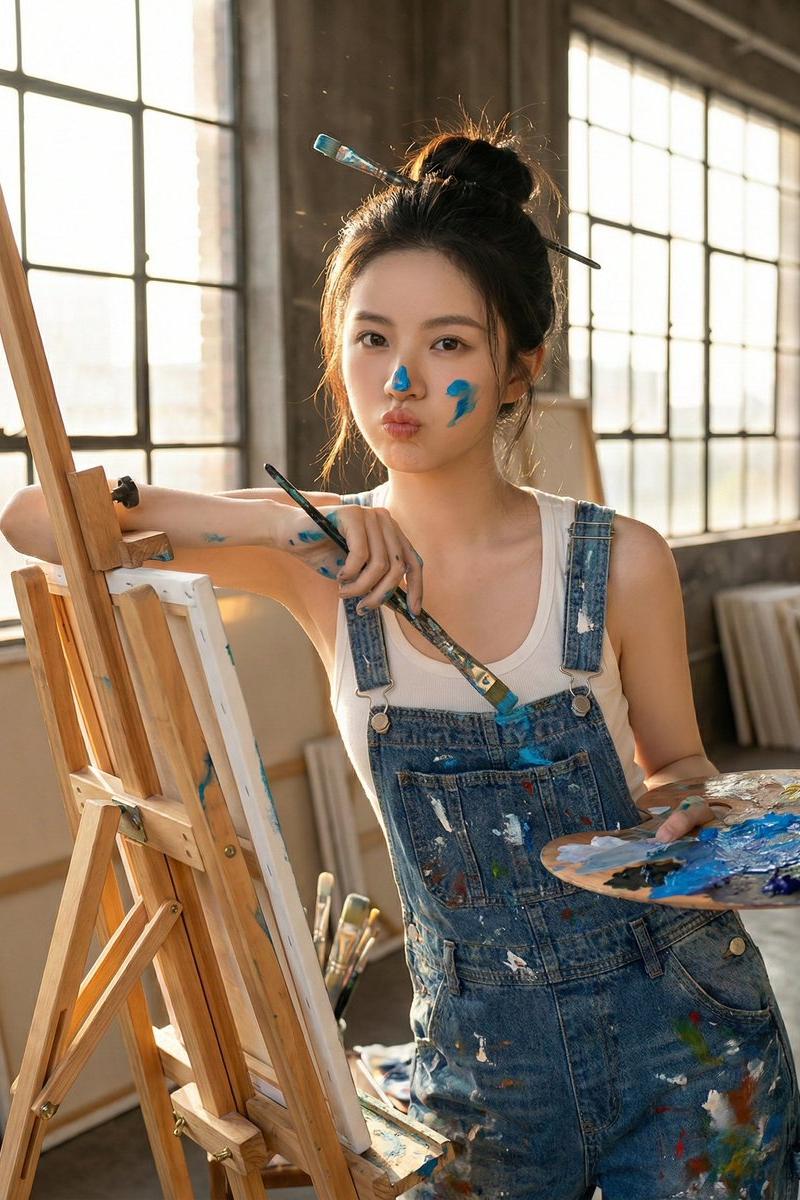 午后阳光画室中俏皮嘟嘴的年轻女画家