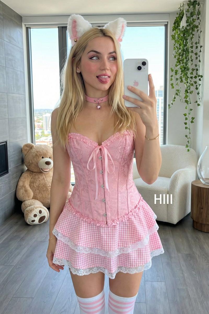 俏皮猫耳金发少女粉色紧身胸衣对镜自拍