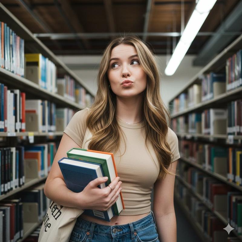 图书馆里俏皮嘟嘴的文艺卷发女孩