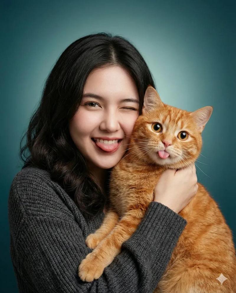 少女轻拥橘猫俏皮吐舌头