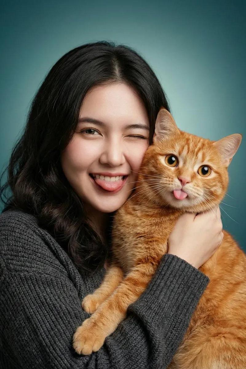 少女轻拥橘猫俏皮吐舌头